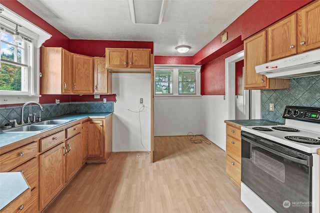 kitchen with tasteful backsplash, a textured ceiling, white electric range oven, light wood-type flooring, and sink