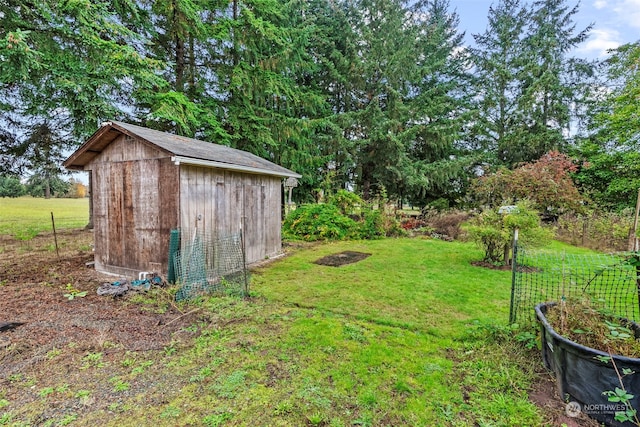 view of yard with a storage unit