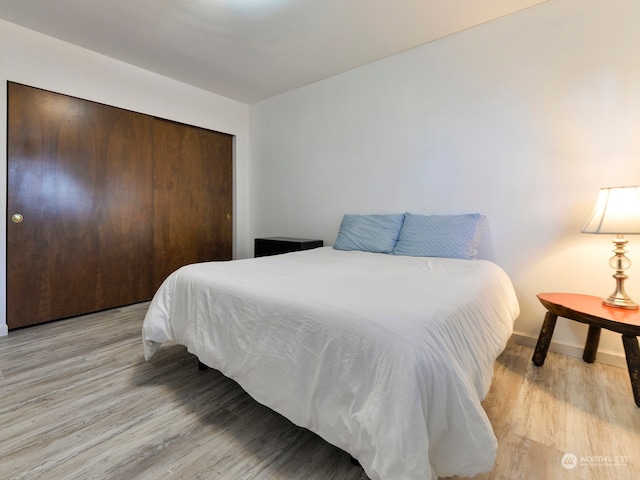 bedroom featuring light hardwood / wood-style floors and a closet