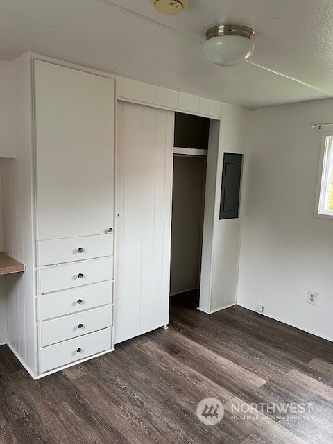 105 Cox Unit 12, Arlington, WA 98223 - unfurnished bedroom with electric panel, dark wood-style flooring, and a closet