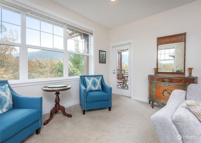 living area with light colored carpet