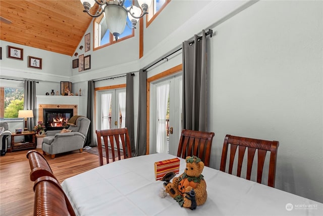 456 Hinthorne Ln, Leavenworth, WA 98826 - dining space featuring high vaulted ceiling, wood finished floors, a tile fireplace, and wooden ceiling