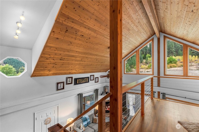 456 Hinthorne Ln, Leavenworth, WA 98826 - hall featuring hardwood / wood-style floors, wooden ceiling, and an upstairs landing
