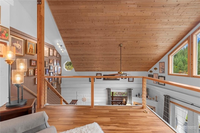 456 Hinthorne Ln, Leavenworth, WA 98826 - living room featuring vaulted ceiling, wood ceiling, wood finished floors, and a ceiling fan