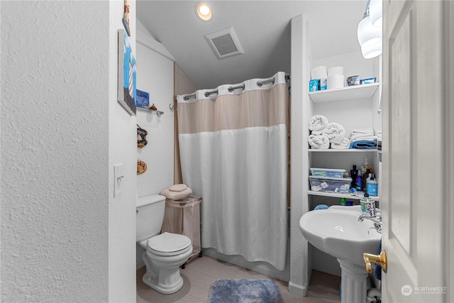 456 Hinthorne Ln, Leavenworth, WA 98826 - bathroom with tile patterned flooring, a shower with curtain, and lofted ceiling