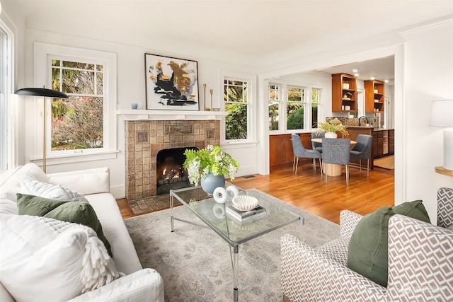 living room featuring sink, a wealth of natural light, a tile fireplace, and hardwood / wood-style floors