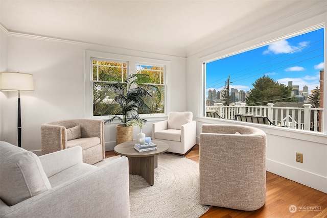 sitting room with crown molding and hardwood / wood-style floors