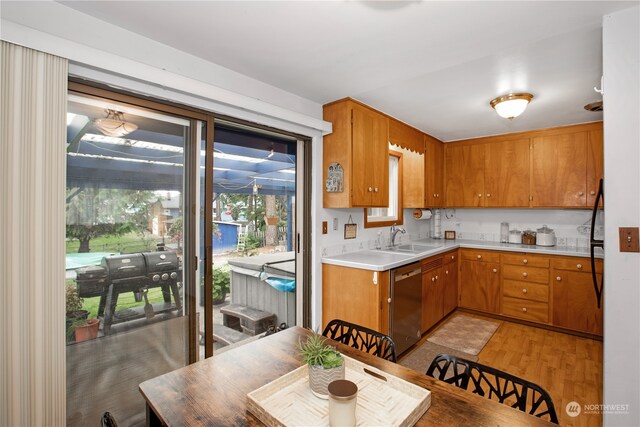 kitchen featuring sink, light hardwood / wood-style flooring, a wealth of natural light, and dishwasher