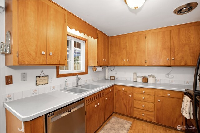 kitchen featuring light hardwood / wood-style flooring, stainless steel dishwasher, and sink