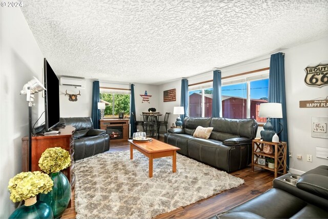 living room with a textured ceiling and dark hardwood / wood-style floors