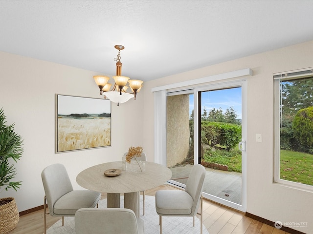 dining space featuring a notable chandelier and light hardwood / wood-style flooring