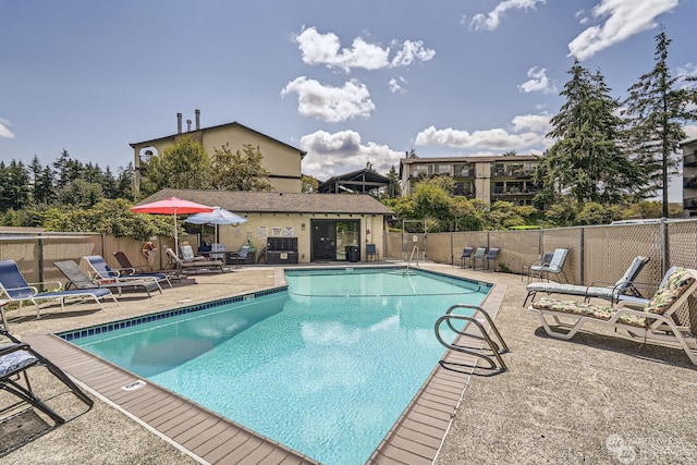 view of swimming pool with a patio area