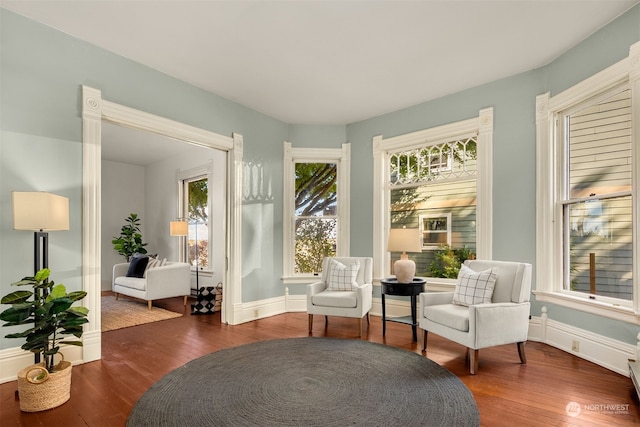 sitting room with dark hardwood / wood-style flooring