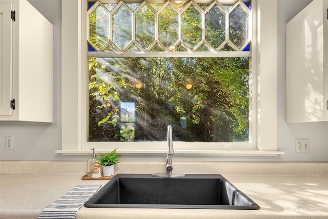 interior details featuring sink and white cabinets