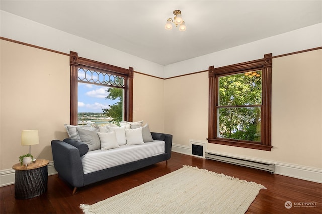 living room with a baseboard radiator and dark hardwood / wood-style flooring