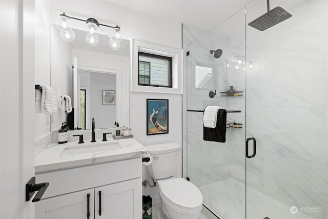 bathroom with vanity, toilet, and a shower with shower door