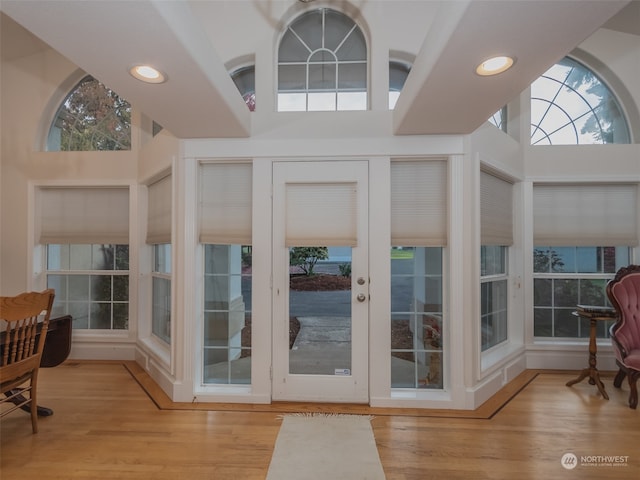 doorway featuring light hardwood / wood-style floors and a high ceiling