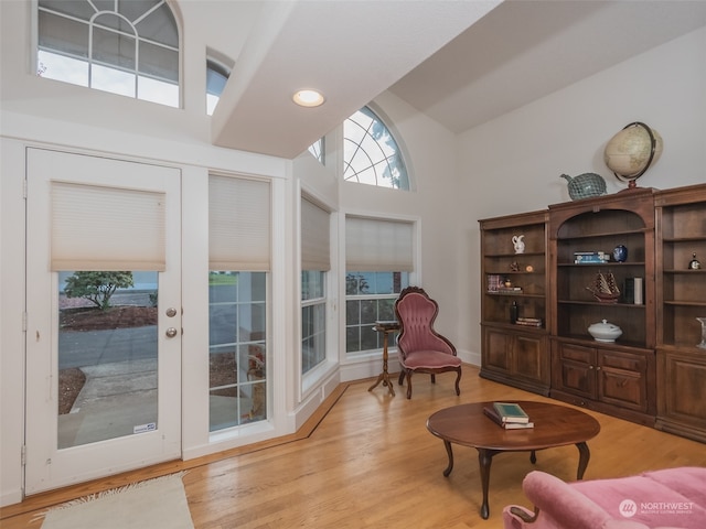 living area with high vaulted ceiling and light wood-type flooring