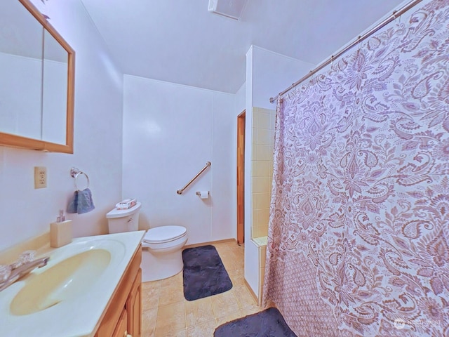 bathroom featuring vanity, a shower with curtain, toilet, and tile patterned flooring