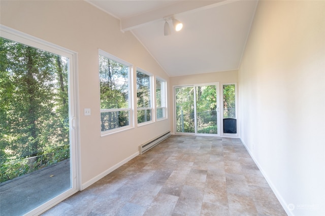 unfurnished sunroom with baseboard heating and vaulted ceiling with beams