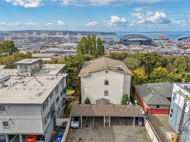 drone / aerial view featuring a water view