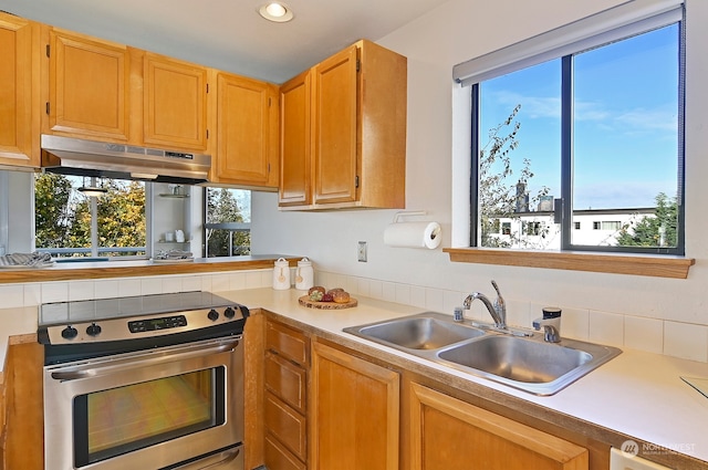 kitchen with sink, exhaust hood, and stainless steel range with electric cooktop