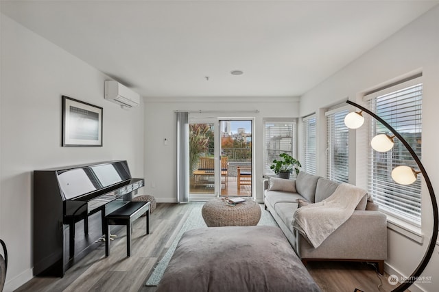 living room with an AC wall unit and wood-type flooring