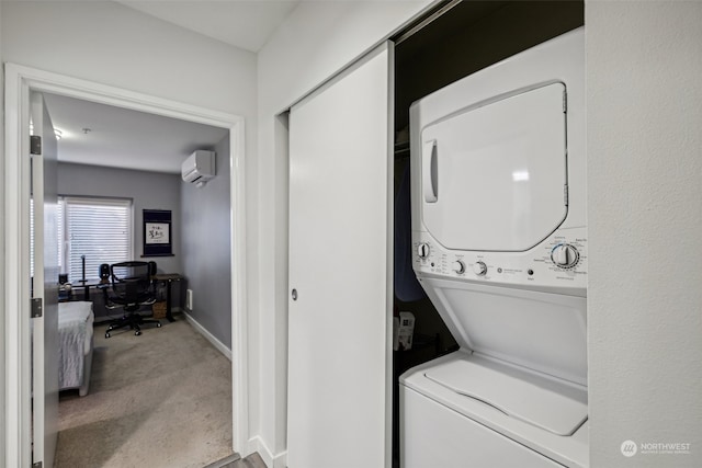 washroom featuring a wall unit AC, stacked washer and clothes dryer, and carpet