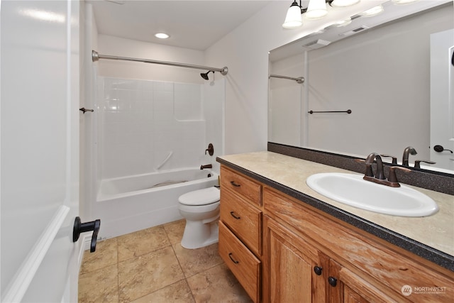 full bathroom with vanity, toilet, bathing tub / shower combination, and tile patterned flooring