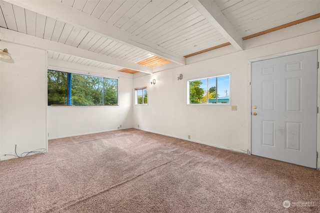 carpeted spare room with beam ceiling and plenty of natural light