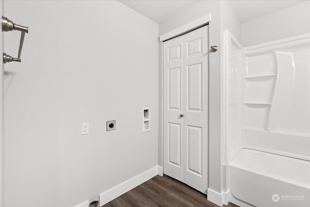 washroom with hookup for an electric dryer, dark wood-type flooring, and hookup for a washing machine