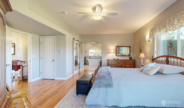 bedroom featuring light hardwood / wood-style floors and ceiling fan