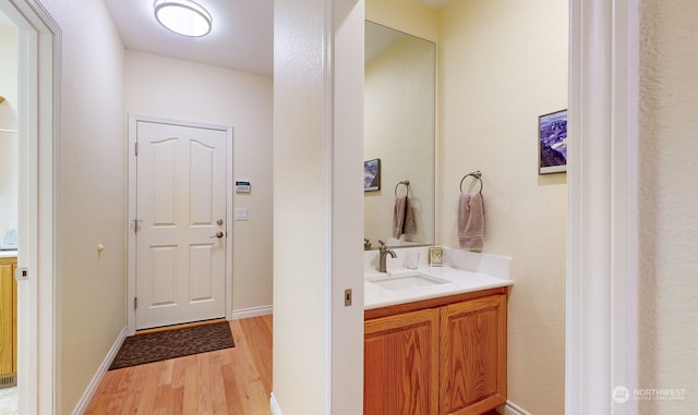 bathroom with vanity and hardwood / wood-style floors