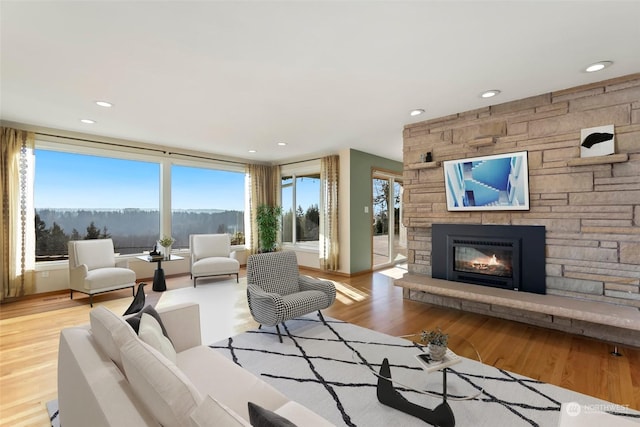 living room featuring plenty of natural light, a stone fireplace, and light wood-type flooring