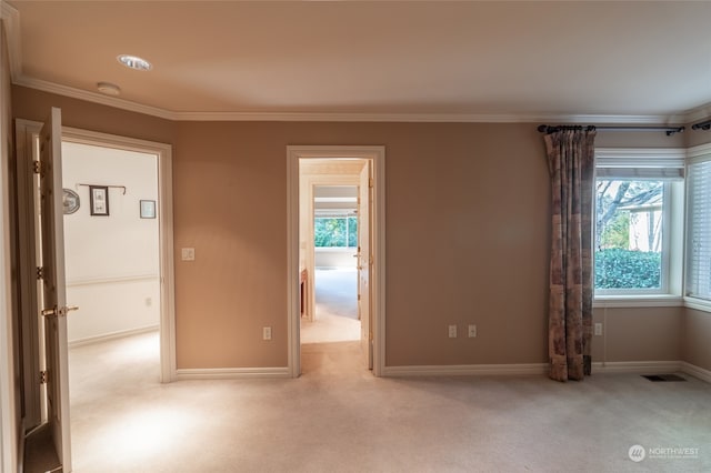 spare room with ornamental molding and light carpet