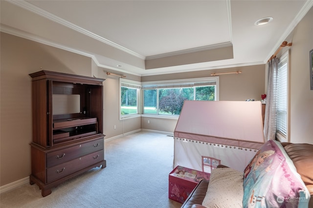 living area with ornamental molding and light colored carpet