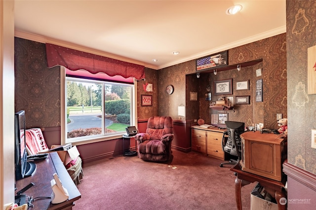 carpeted home office with ornamental molding