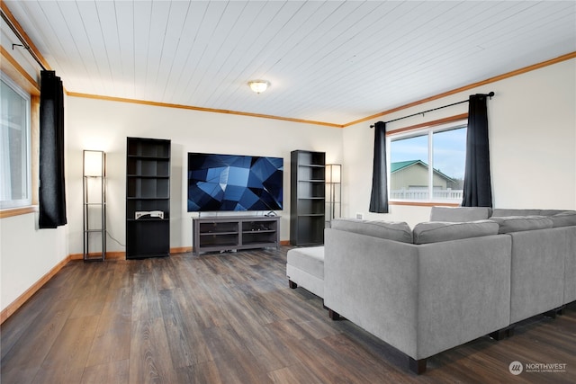 living room featuring wood ceiling, dark hardwood / wood-style floors, and crown molding