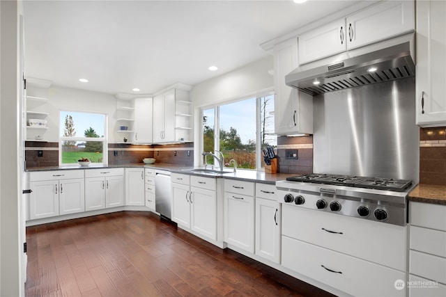 kitchen with white cabinetry, stainless steel appliances, tasteful backsplash, and dark hardwood / wood-style floors