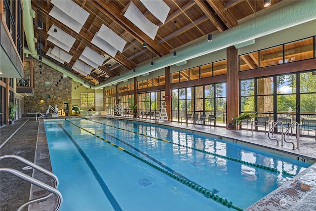 view of pool with a skylight