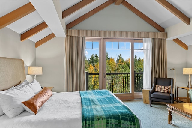 carpeted bedroom featuring vaulted ceiling with beams and access to outside