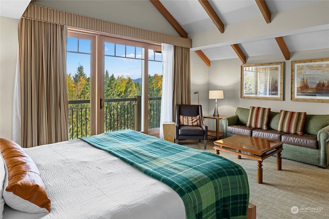 bedroom featuring access to exterior, lofted ceiling with beams, and multiple windows