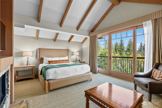 bedroom with high vaulted ceiling, access to outside, beamed ceiling, and light colored carpet