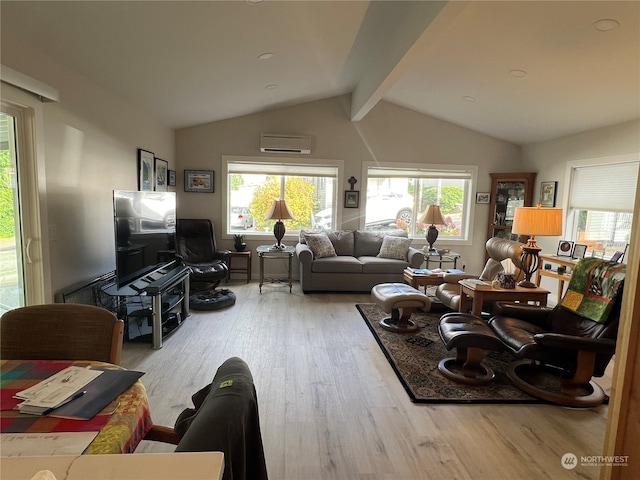 living room with vaulted ceiling with beams, light hardwood / wood-style flooring, a wall mounted AC, and plenty of natural light