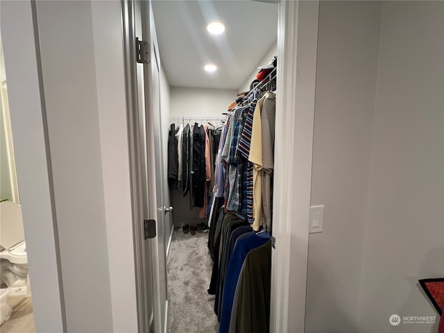 walk in closet featuring light colored carpet