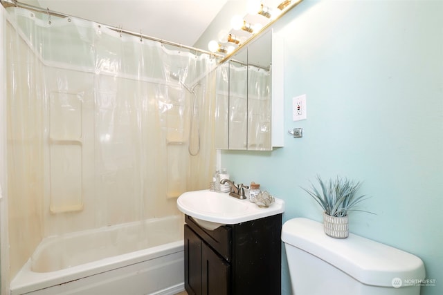 full bathroom featuring vanity, shower / bath combination with curtain, and toilet