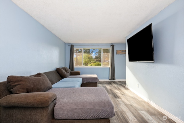 living room featuring light hardwood / wood-style flooring and a textured ceiling