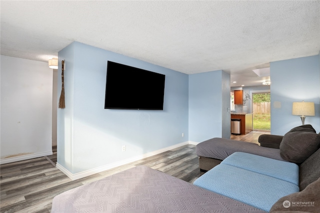 living room with a textured ceiling and wood-type flooring