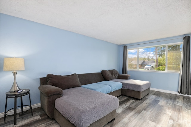 living room with hardwood / wood-style floors and a textured ceiling