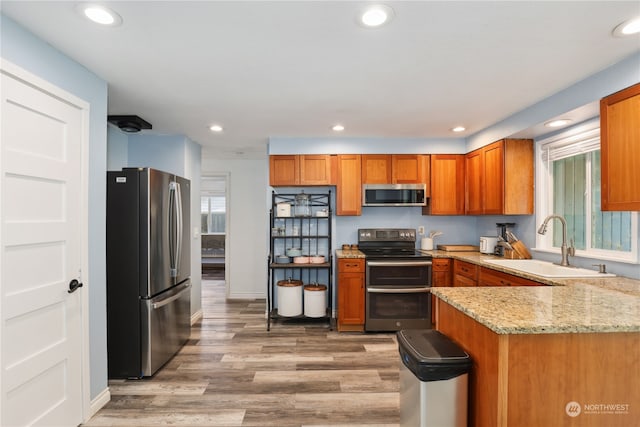 kitchen featuring a healthy amount of sunlight, stainless steel appliances, sink, and light wood-type flooring